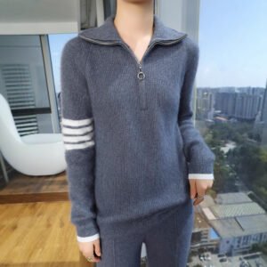Spring and Autumn Mink Sweater Women's Collar Half-Zip Loose Casual Wool Jacket Thick Bottoming Knit Sweater