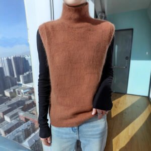 Spring and Autumn Mink High Collar Knitted Vest Sweater Soft and Waxy Warm Sleeveless Layered Waistcoat Women's Versatile