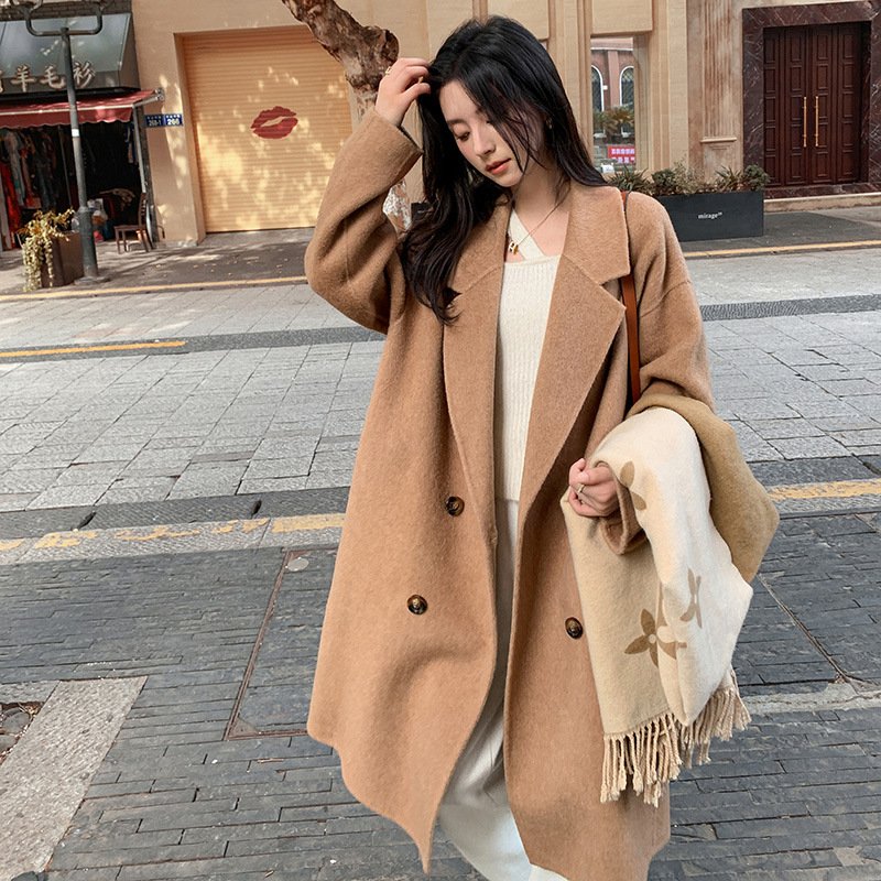 Camel hair coat women's mid-length double-breasted loose silhouette high-end textured woolen coat - Image 11