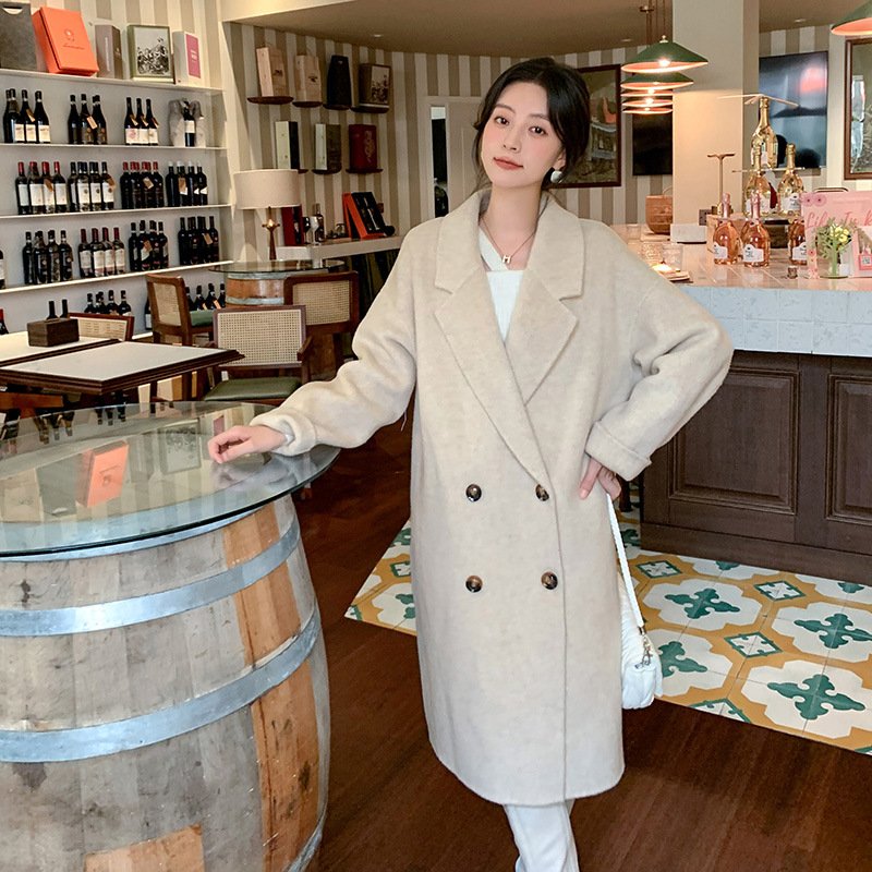 Camel hair coat women's mid-length double-breasted loose silhouette high-end textured woolen coat