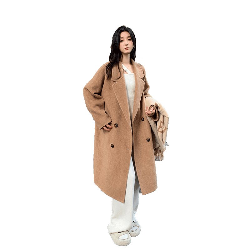 Camel hair coat women's mid-length double-breasted loose silhouette high-end textured woolen coat - Image 3