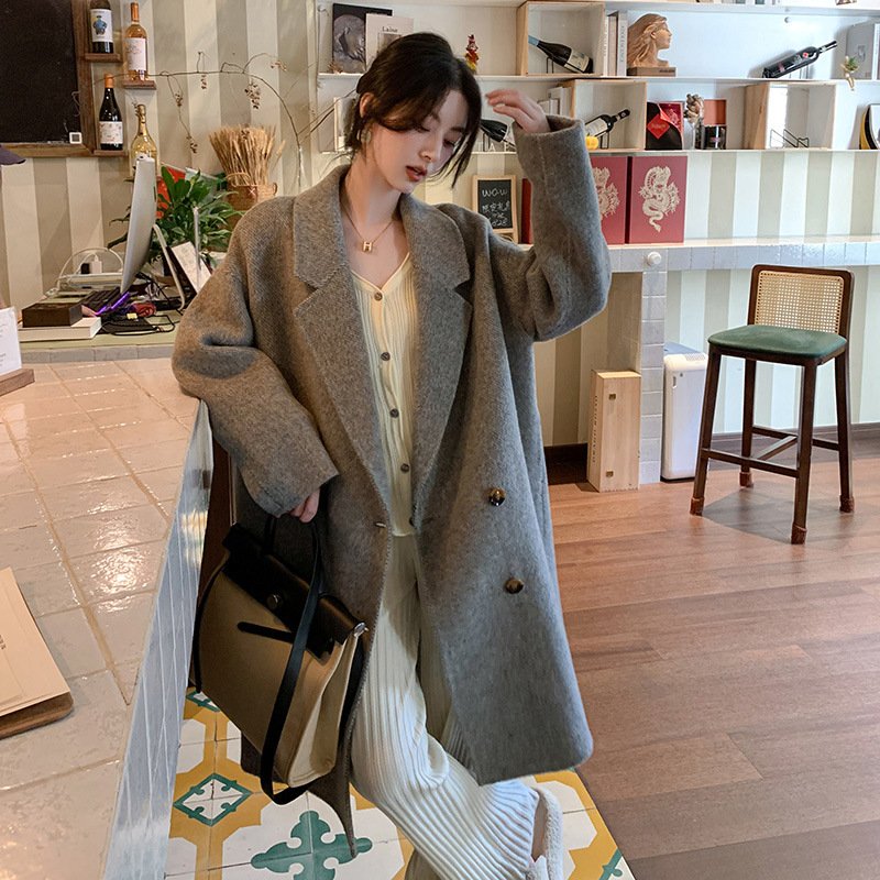 Camel hair coat women's mid-length double-breasted loose silhouette high-end textured woolen coat - Image 6