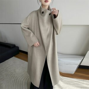 Double-sided cashmere coat for women, stand collar, lace-up waist, mid-length pure wool woolen coat, versatile