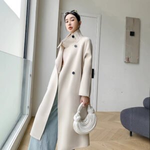High-end thickened stand-collar double-sided woolen cashmere coat for women mid-length loose knee-high woolen woolen coat