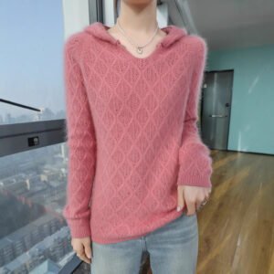 Spring and Autumn Mink Sweater Loose Short Women's Hooded Solid Color Versatile Bottoming Shirt Knitted Hoodie Sweater Commuting Style