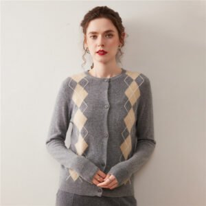 Women's round neck prismatic plaid cardigan cashmere sweater base, versatile, warm and soft