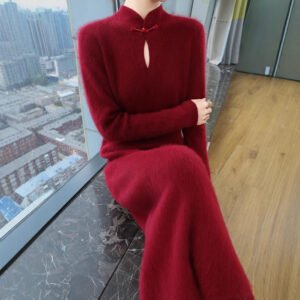 Spring and autumn Chinese-style cheongsam stand-up collar plate-button mink velvet sweater dress slim and slim sweater skirt