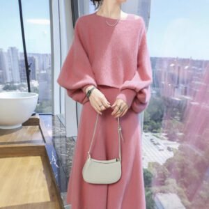 Spring and Autumn mink velvet suit skirt women's solid color one-piece collar pullover fashion dress sweater two-piece set