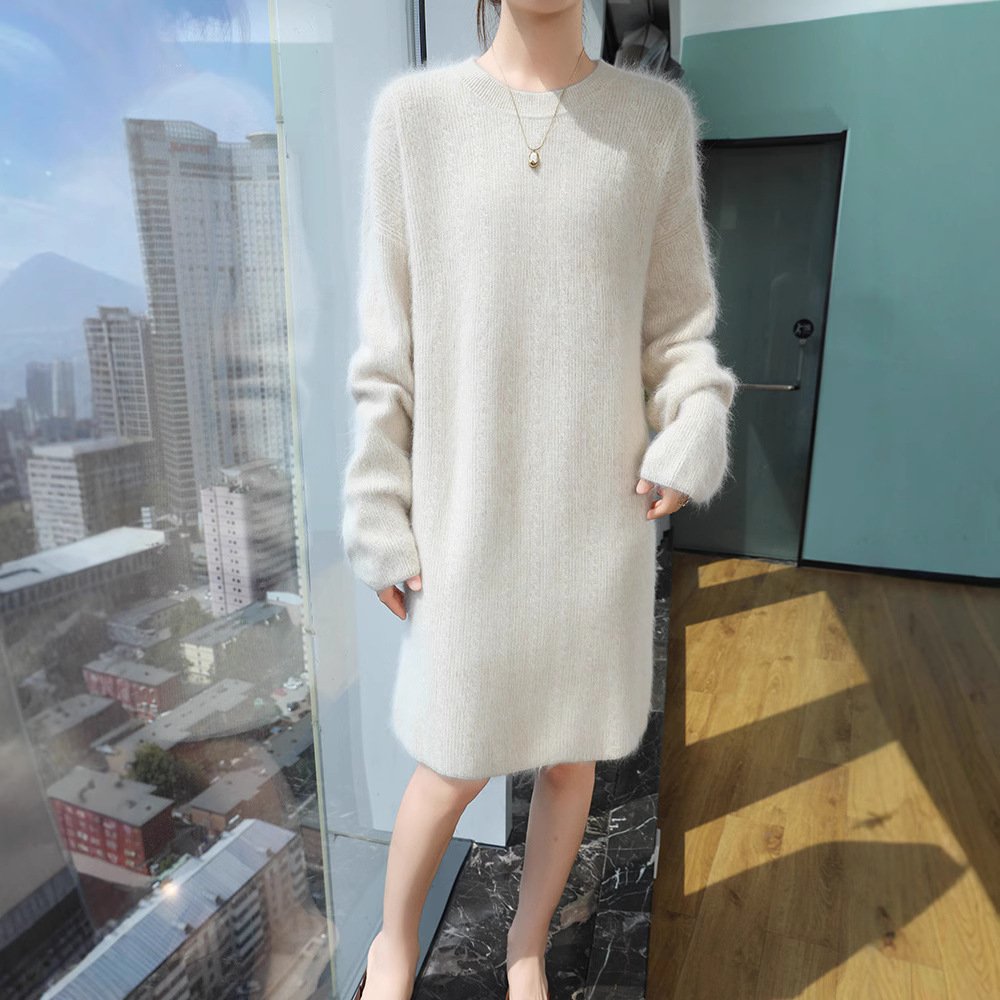 Spring and Autumn mink velvet sweater dress women's round neck mid-length dress slim wool sweater pullover knitted bottoming skirt - Image 8