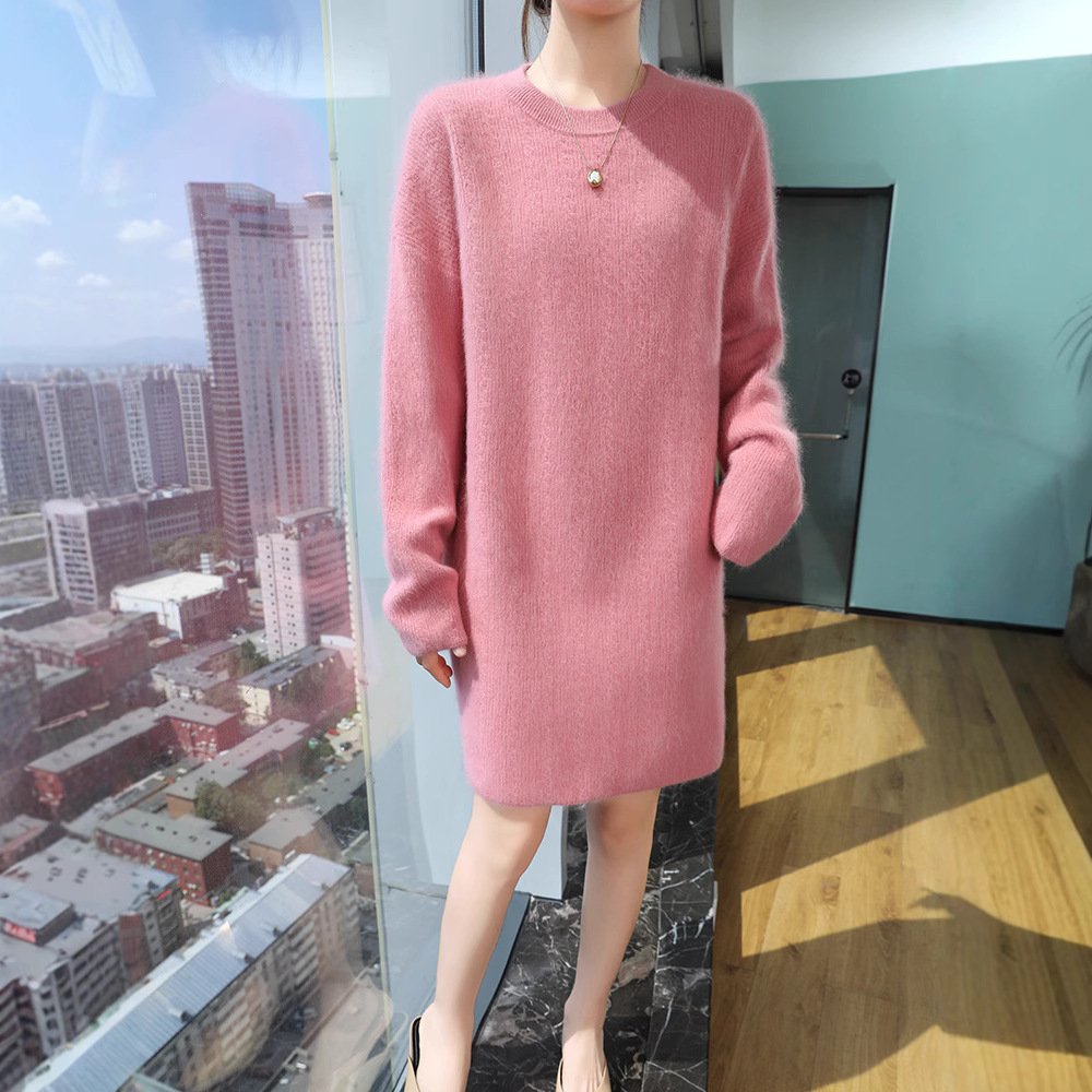 Spring and Autumn mink velvet sweater dress women's round neck mid-length dress slim wool sweater pullover knitted bottoming skirt