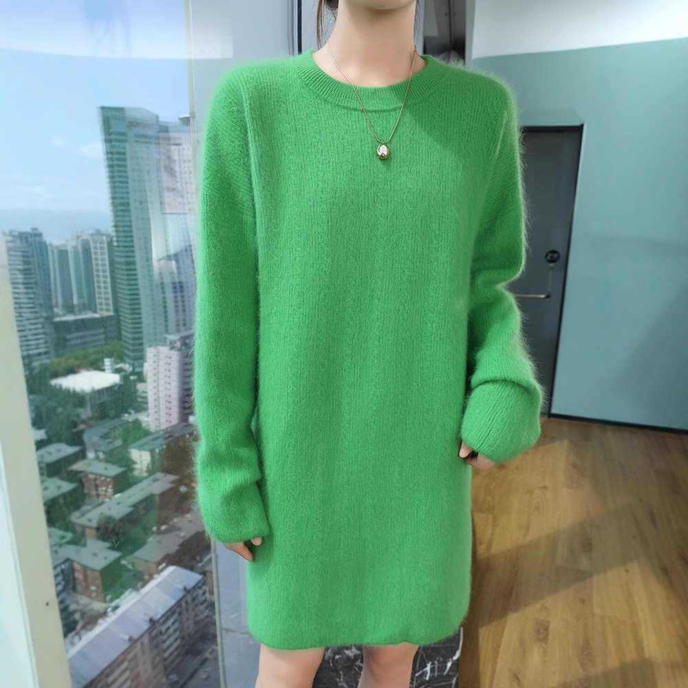 Spring and Autumn mink velvet sweater dress women's round neck mid-length dress slim wool sweater pullover knitted bottoming skirt - Image 2