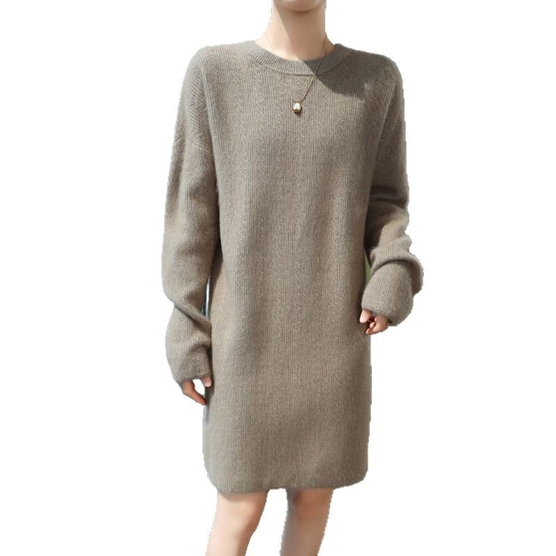 Spring and Autumn mink velvet sweater dress women's round neck mid-length dress slim wool sweater pullover knitted bottoming skirt - Image 3