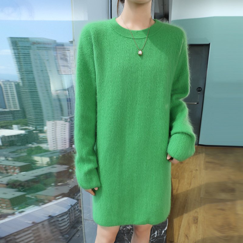 Spring and Autumn mink velvet sweater dress women's round neck mid-length dress slim wool sweater pullover knitted bottoming skirt - Image 7