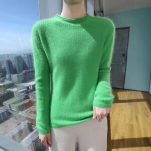 Spring and Autumn mink velvet round neck rolled hem knitted sweater hollow crochet pullover warm base layer sweater