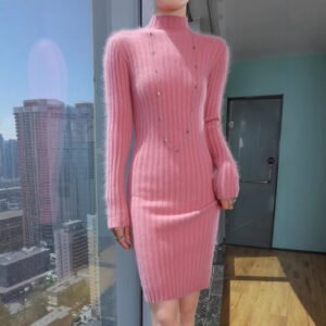 Spring and Autumn mink velvet half turtleneck knitted dress solid color striped slim fit mid-length sweater dress for women