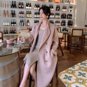 Extra long woolen coat women's lazy wind velvet collarless woolen woolen coat thickened double breasted high-end