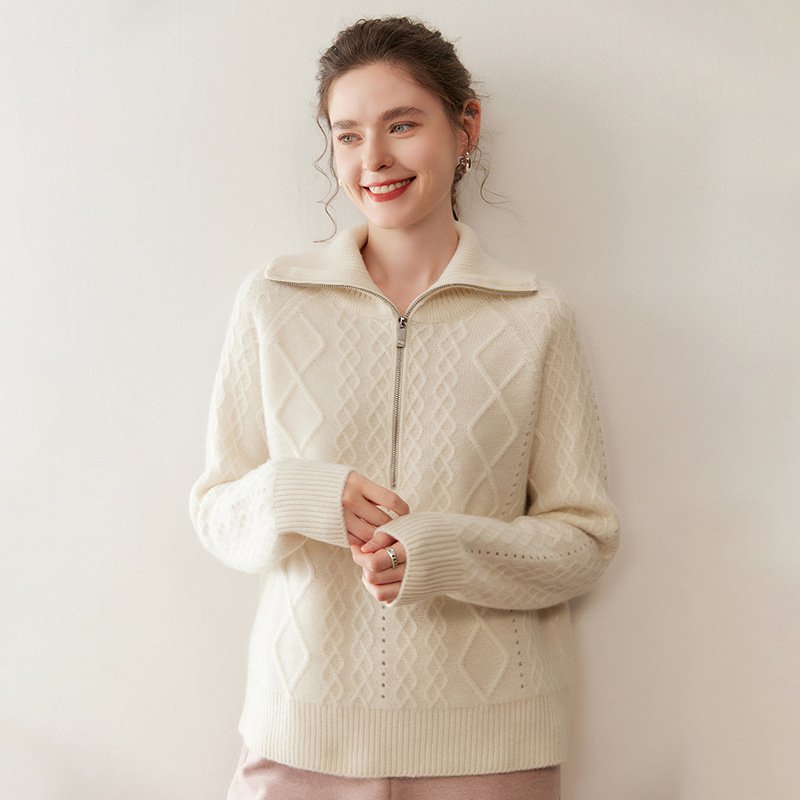 Women's thickened turtleneck zipper cashmere sweater sweater cable warm versatile top - Image 7