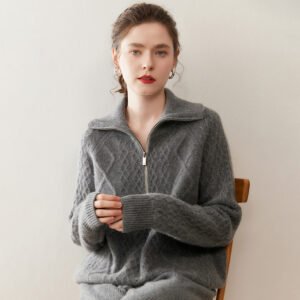 Women's thickened turtleneck zipper cashmere sweater sweater cable warm versatile top