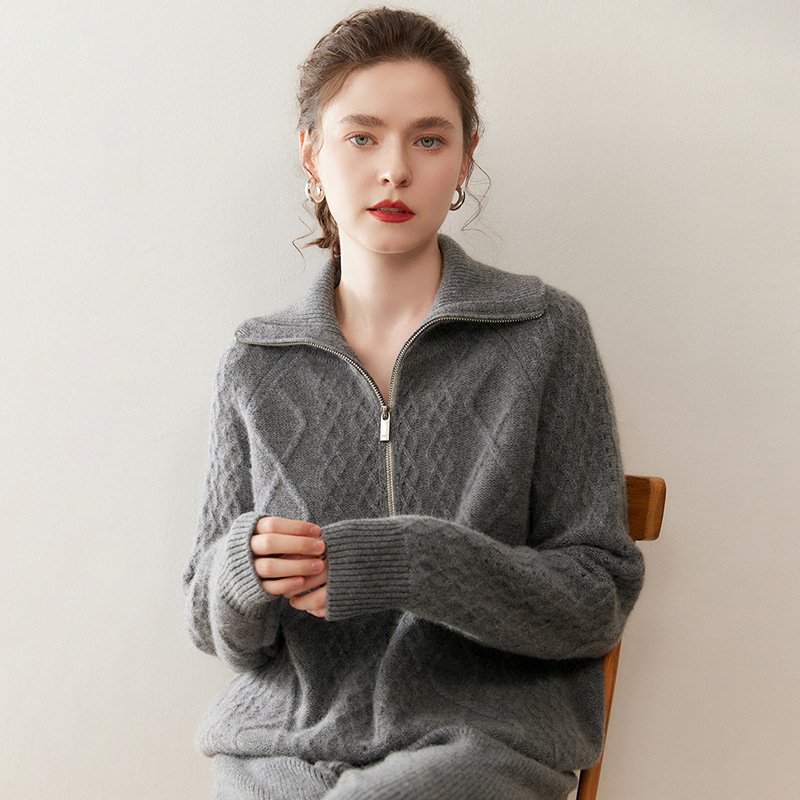 Women's thickened turtleneck zipper cashmere sweater sweater cable warm versatile top