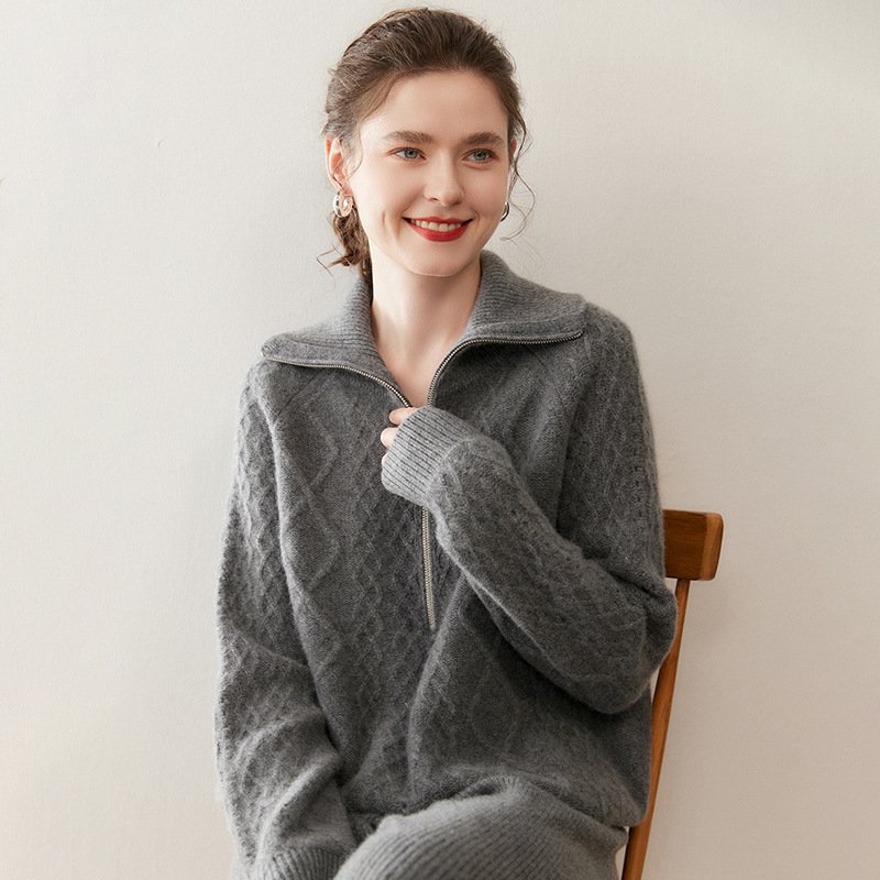 Women's thickened turtleneck zipper cashmere sweater sweater cable warm versatile top - Image 2