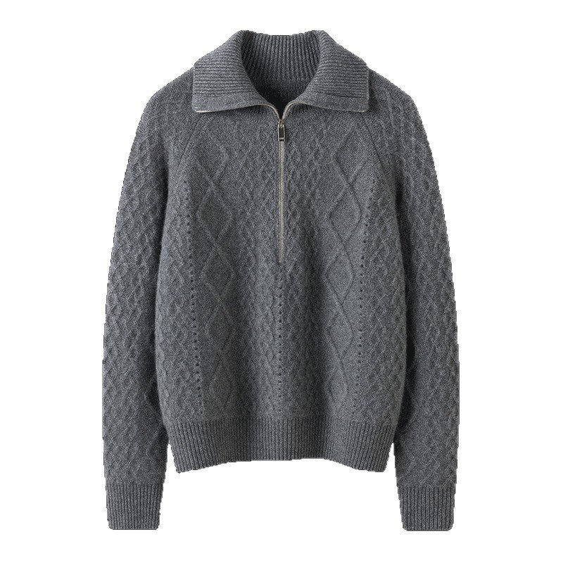 Women's thickened turtleneck zipper cashmere sweater sweater cable warm versatile top - Image 3