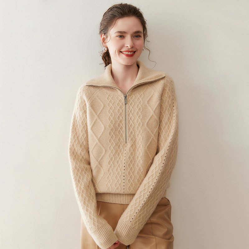 Women's thickened turtleneck zipper cashmere sweater sweater cable warm versatile top - Image 5