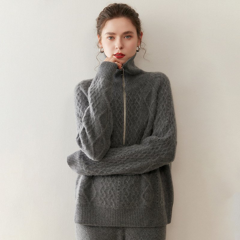 Women's thickened turtleneck zipper cashmere sweater sweater cable warm versatile top - Image 6