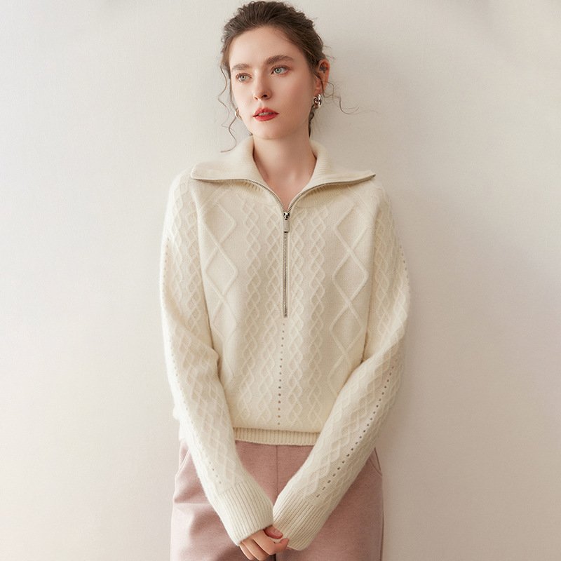 Women's thickened turtleneck zipper cashmere sweater sweater cable warm versatile top - Image 9