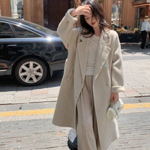 Camel hair temperament double-sided woolen coat women's long lace-up waist woolen coat commuting style