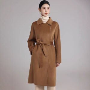 Lapel cashmere double-sided woolen coat women's mid-length one-button lace-up woolen coat high-end