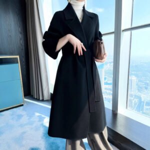 Double-sided cashmere coat for women, extra long % woolen coat, simple and versatile windbreaker with lace-up waist