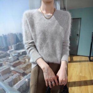 Spring and autumn round neck diamond jacquard mink knitted bottoming shirt style short pullover sweater loose