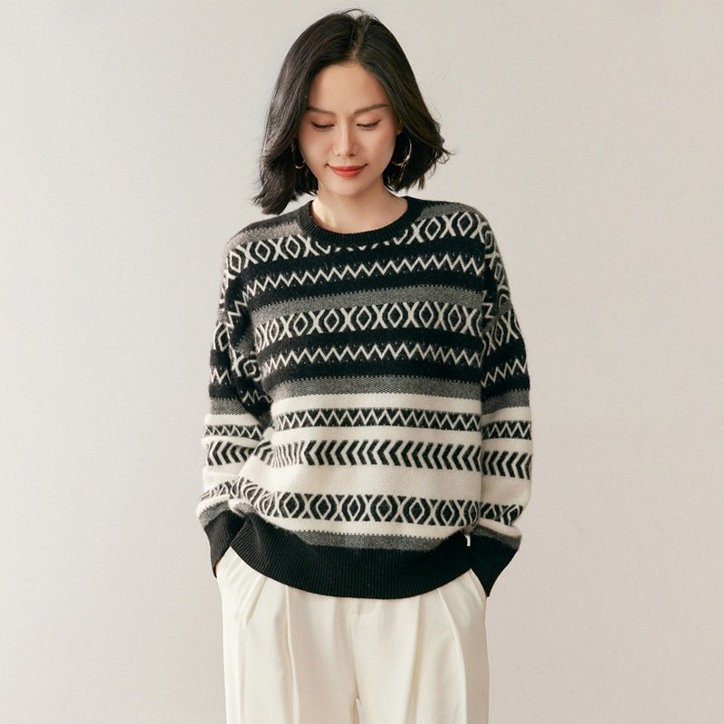 Women's Fair Isle retro cashmere sweater base layer sweater thick, warm and versatile