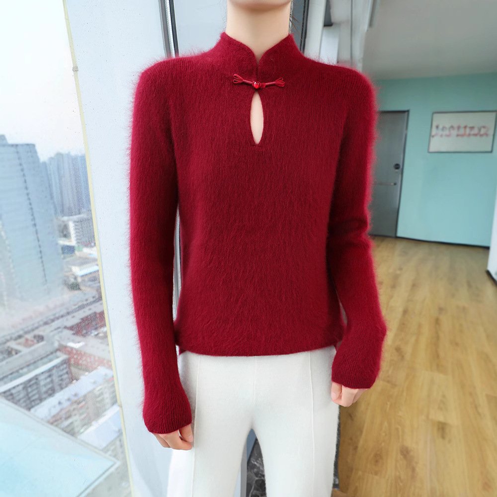Chinese style stand collar plate-button mink velvet knitted bottoming shirt for women in spring and autumn warm pullover sweater slim fit and versatile - Image 14