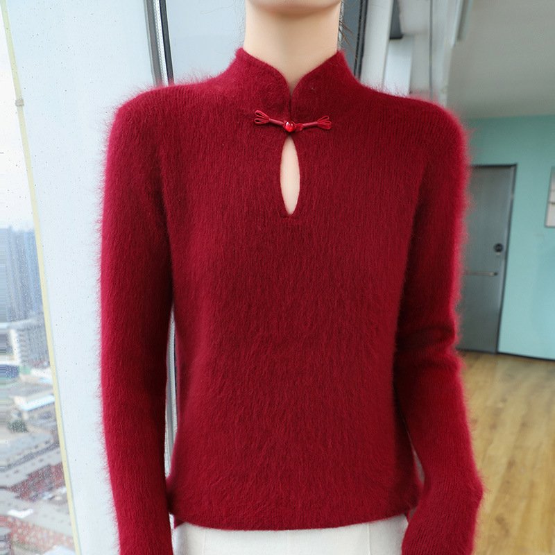 Chinese style stand collar plate-button mink velvet knitted bottoming shirt for women in spring and autumn warm pullover sweater slim fit and versatile - Image 10