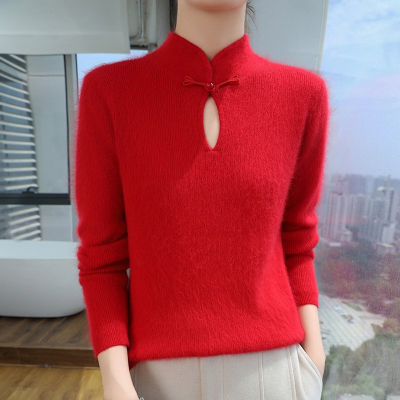 Chinese style stand collar plate-button mink velvet knitted bottoming shirt for women in spring and autumn warm pullover sweater slim fit and versatile - Image 11