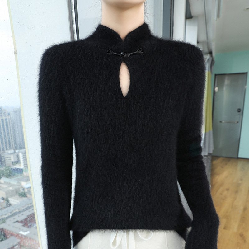 Chinese style stand collar plate-button mink velvet knitted bottoming shirt for women in spring and autumn warm pullover sweater slim fit and versatile - Image 19
