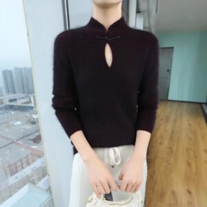 Chinese style stand collar plate-button mink velvet knitted bottoming shirt for women in spring and autumn warm pullover sweater slim fit and versatile