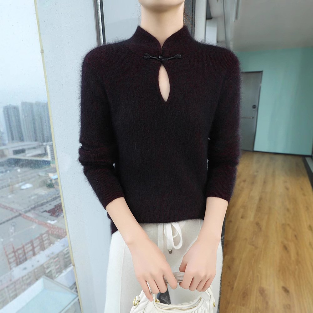 Chinese style stand collar plate-button mink velvet knitted bottoming shirt for women in spring and autumn warm pullover sweater slim fit and versatile