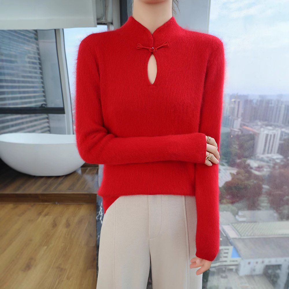 Chinese style stand collar plate-button mink velvet knitted bottoming shirt for women in spring and autumn warm pullover sweater slim fit and versatile - Image 2