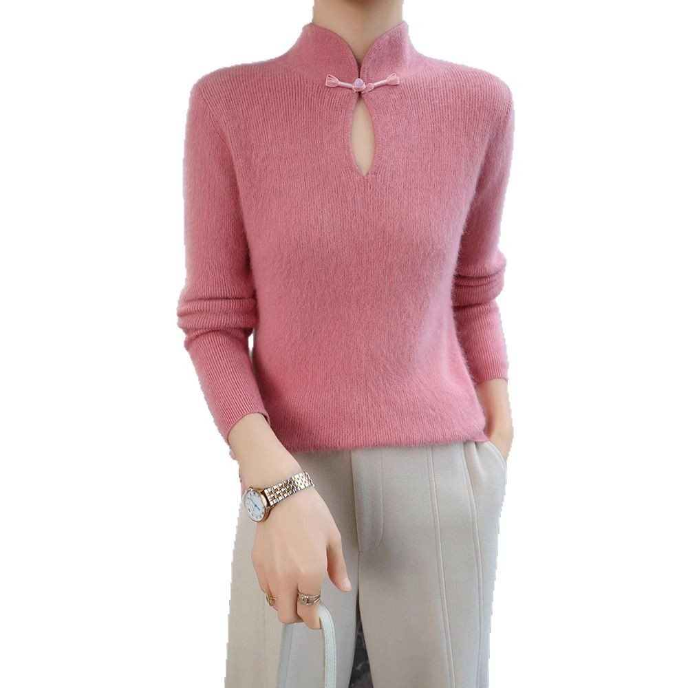Chinese style stand collar plate-button mink velvet knitted bottoming shirt for women in spring and autumn warm pullover sweater slim fit and versatile - Image 3