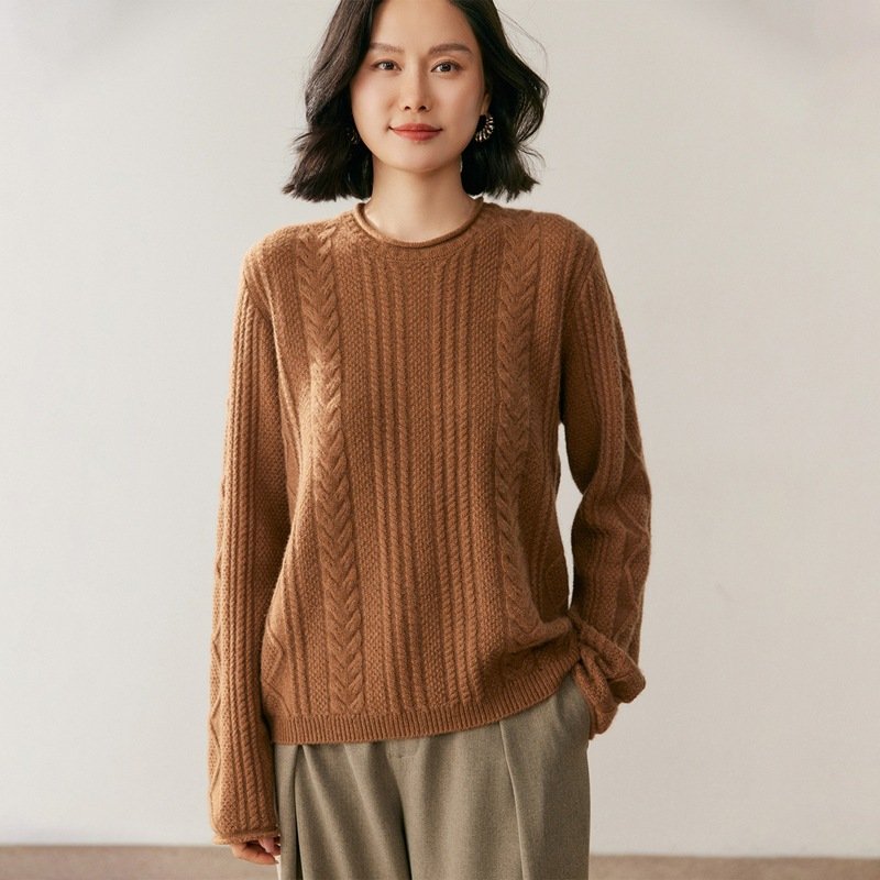Women's Cashmere Knit Sweater Bottoming Sweater Round Neck Cable Pattern Thickened Warm Top Versatile - Image 12