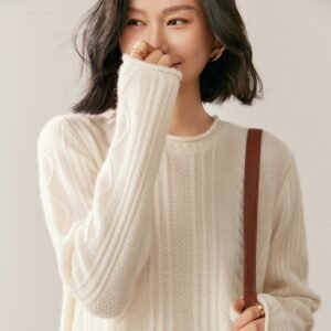 Women's Cashmere Knit Sweater Bottoming Sweater Round Neck Cable Pattern Thickened Warm Top Versatile