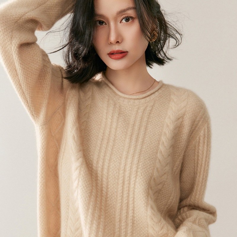 Women's Cashmere Knit Sweater Bottoming Sweater Round Neck Cable Pattern Thickened Warm Top Versatile - Image 2
