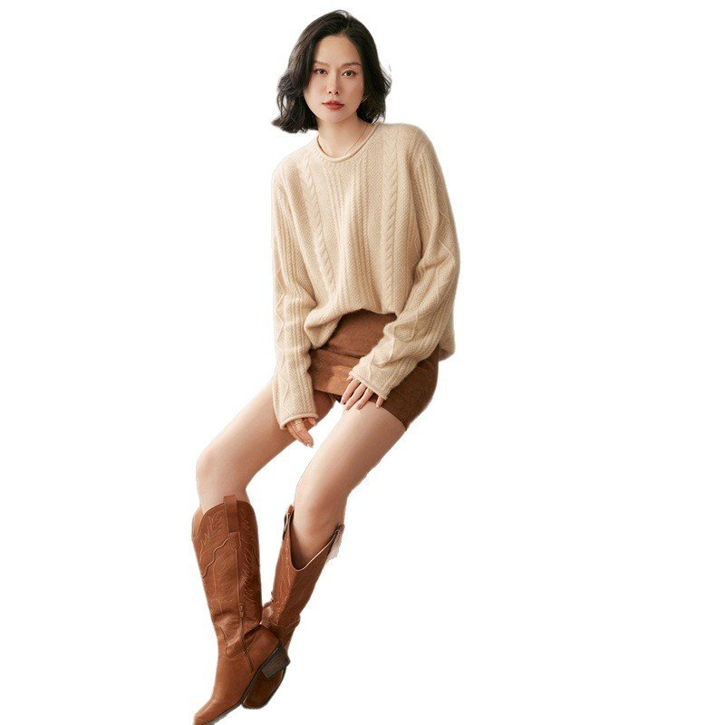 Women's Cashmere Knit Sweater Bottoming Sweater Round Neck Cable Pattern Thickened Warm Top Versatile - Image 3