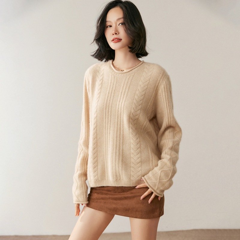 Women's Cashmere Knit Sweater Bottoming Sweater Round Neck Cable Pattern Thickened Warm Top Versatile - Image 4