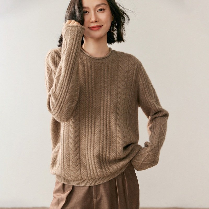 Women's Cashmere Knit Sweater Bottoming Sweater Round Neck Cable Pattern Thickened Warm Top Versatile - Image 5