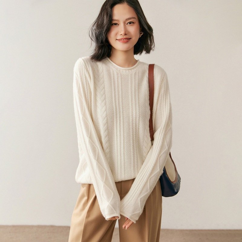 Women's Cashmere Knit Sweater Bottoming Sweater Round Neck Cable Pattern Thickened Warm Top Versatile - Image 6