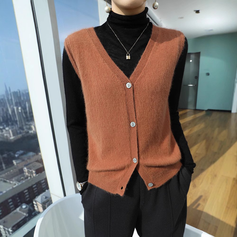 Spring and Autumn Sleeveless Wool Cardigan Vest Collar Mink Velvet Waistcoat Sweater Top Fleece Sweater Simple Fashionable Knitting - Image 2