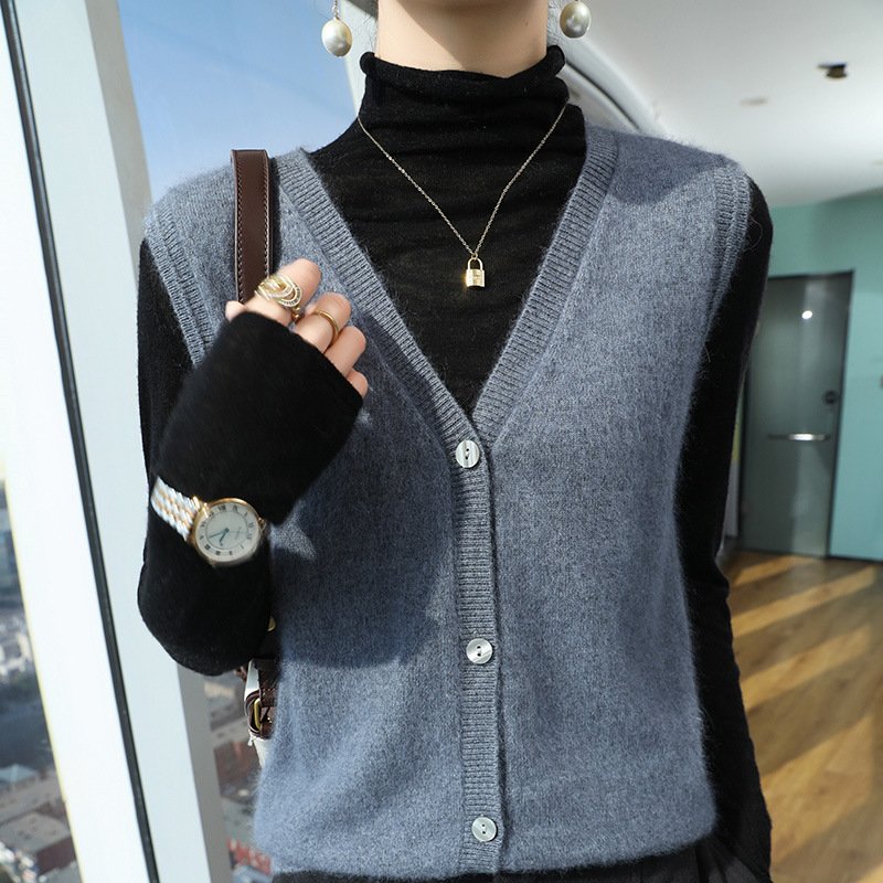 Spring and Autumn Sleeveless Wool Cardigan Vest Collar Mink Velvet Waistcoat Sweater Top Fleece Sweater Simple Fashionable Knitting - Image 4